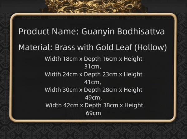 Gold-plated Guanyin statue, bronze Bodhisattva sculpture, Buddhist altar statue, Guanyin Bodhisattva statue, meditation decor, compassion Bodhisattva, handcrafted Buddhist art, gold-plated bronze sculpture, spiritual devotion statue, home temple altar, Asian religious art, anti-tarnish statue, sacred gift idea, traditional Buddhist iconography, serene meditation statue, luxury spiritual decor, enlightenment symbolism, cultural art collection, divine compassion statue, artisan-crafted Bodhisattva.