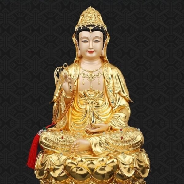 Gold-plated Guanyin statue, bronze Bodhisattva sculpture, Buddhist altar statue, Guanyin Bodhisattva statue, meditation decor, compassion Bodhisattva, handcrafted Buddhist art, gold-plated bronze sculpture, spiritual devotion statue, home temple altar, Asian religious art, anti-tarnish statue, sacred gift idea, traditional Buddhist iconography, serene meditation statue, luxury spiritual decor, enlightenment symbolism, cultural art collection, divine compassion statue, artisan-crafted Bodhisattva.