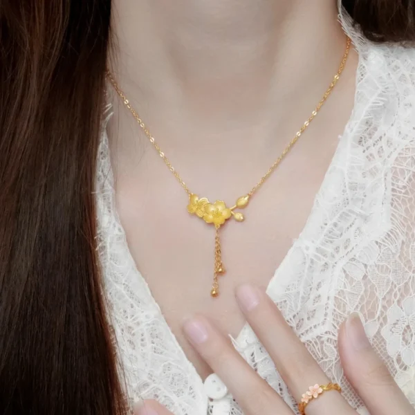 Copper alloy double-flower necklace, new Chinese style tassel jewelry, adjustable 40+5cm collarbone chain, no-fade unisex necklace, JIN BAI ZHENG brand, hypoallergenic cultural accessory, lightweight daily wear, sustainable materials, affordable luxury, artisan crafted, positive energy jewelry, modern minimalist style, special occasion gift, holistic wellness accessory, elegant packaging.