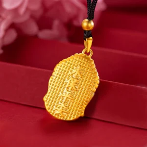 Detailed Gold Buddha Medallion with inscription and decorative beads