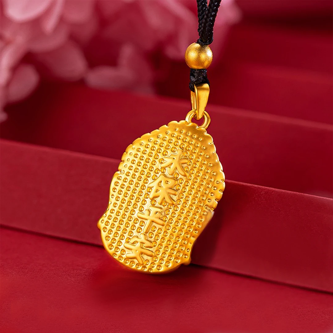 Detailed Gold Buddha Medallion with inscription and decorative beads