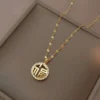Titanium steel hollow Fu necklace, Chinese style wealth necklace, anti-tarnish collarbone chain, adjustable 40+5cm jewelry, traditional pendant necklace, women's fashion accessory, good luck symbol, hypoallergenic jewelry, sustainable materials, affordable luxury, artisan crafted, positive energy accessory, modern feminine style, special occasion gift, cultural inspired design.