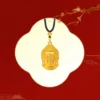Buddha Head Necklace displayed on red and white floral background