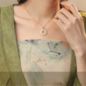 Titanium steel hollow-out necklace, "Fu" character pendant, peace knot design, tarnish-resistant jewelry, traditional Chinese necklace, adjustable collarbone chain, fashionable women's accessory, versatile daily wear, cultural gift idea, hypoallergenic necklace, lightweight jewelry, symbolic pendant, affordable luxury, artisan crafted, sustainable materials, modern traditional fusion, positive energy accessory, holistic wellness jewelry, special occasion gift, elegant necklace.