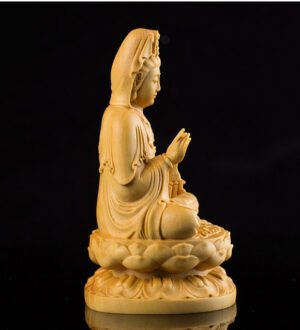 Small-leaved boxwood Guanyin statue, hand-carved Buddhist sculpture, 10cm lotus throne statue, altar meditation statue, traditional wood carving art, Guanyin Bodhisattva idol, eco-friendly spiritual decor, compassionate Bodhisattva statue, Buddhist gift idea, home temple accessory, mindfulness meditation tool, cultural art collection, artisan crafted statue, sustainable wood material, detailed lotus throne, serene expression carving, compact religious statue, spiritual mindfulness gift, Zen inspiration decor, ethical sourcing sculpture.