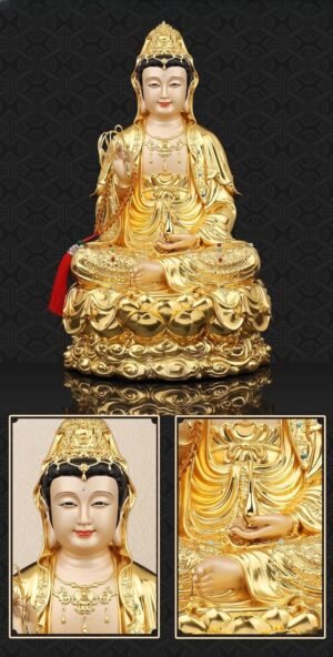 Gold-plated Guanyin statue, bronze Bodhisattva sculpture, Buddhist altar statue, Guanyin Bodhisattva statue, meditation decor, compassion Bodhisattva, handcrafted Buddhist art, gold-plated bronze sculpture, spiritual devotion statue, home temple altar, Asian religious art, anti-tarnish statue, sacred gift idea, traditional Buddhist iconography, serene meditation statue, luxury spiritual decor, enlightenment symbolism, cultural art collection, divine compassion statue, artisan-crafted Bodhisattva.