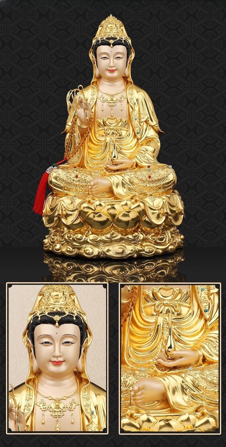 Gold-plated Guanyin statue, bronze Bodhisattva sculpture, Buddhist altar statue, Guanyin Bodhisattva statue, meditation decor, compassion Bodhisattva, handcrafted Buddhist art, gold-plated bronze sculpture, spiritual devotion statue, home temple altar, Asian religious art, anti-tarnish statue, sacred gift idea, traditional Buddhist iconography, serene meditation statue, luxury spiritual decor, enlightenment symbolism, cultural art collection, divine compassion statue, artisan-crafted Bodhisattva.