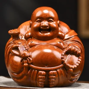 Huali Rosewood Carved Laughing Buddha Statue - Handcrafted Wooden Figurine for Home Decor & Gift Giving (14x14x15 cm)