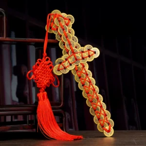 Chinese Coin Sword Amulet - Handcrafted Feng Shui Treasure for Protection & Decoration with Red Tassel