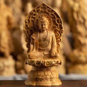 Boxwood Buddha statue, Vairocana Buddha carving, small-leaved boxwood sculpture, handcrafted Buddhist decor, spiritual altar statue, Sakyamuni wood carving, home meditation altar, traditional wood art, enlightenment statue, Buddhist gift idea, carved lotus throne, cosmic wisdom symbol, artisan wood sculpture, religious art collectible, Zen home decor, mindful living accessory, temple-quality statue, ethical craftsmanship, cultural heritage art, spiritual wellness products.