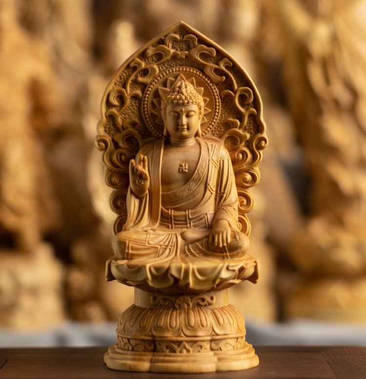 Boxwood Buddha statue, Vairocana Buddha carving, small-leaved boxwood sculpture, handcrafted Buddhist decor, spiritual altar statue, Sakyamuni wood carving, home meditation altar, traditional wood art, enlightenment statue, Buddhist gift idea, carved lotus throne, cosmic wisdom symbol, artisan wood sculpture, religious art collectible, Zen home decor, mindful living accessory, temple-quality statue, ethical craftsmanship, cultural heritage art, spiritual wellness products.