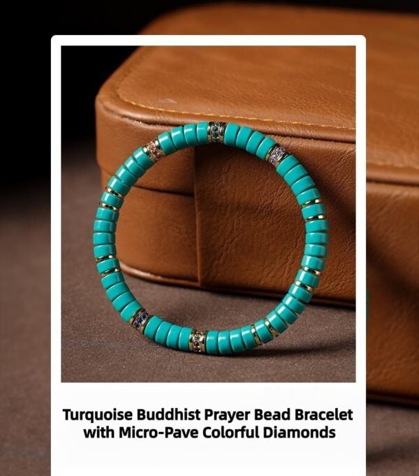 Turquoise prayer bracelet, micro-pave diamond Buddhist beads, colorful diamond meditation bracelet, 108 bead spiritual jewelry, Om Mani Padme Hum bracelet, ethical lab-grown diamonds, handcrafted Buddhist accessory, luxury spiritual gift, adjustable prayer bracelet, calming energy jewelry, mantra charm bracelet, Zen meditation beads, sustainable luxury jewelry, spiritual protection bracelet, turquoise and diamond bracelet, mindfulness practice tool, Buddhist blessing jewelry, high-vibration accessories, gift for mindfulness, sacred number bracelet.