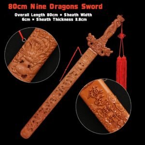 80cm Nine Dragons Sword, peach wood sword for protection, hand-carved dragon sword, Chinese traditional sword, spiritual protection tool, Feng Shui peach wood sword, home protection talisman, intricately carved sword, altar decoration sword, cultural artifact collection, peach wood ritual item, negative energy ward, ancient Chinese symbolism, decorative dragon sword, temple-quality sword, traditional craftsmanship, spiritual ceremony tools, Asian cultural decor, mythical dragon artwork, collector’s spiritual item.