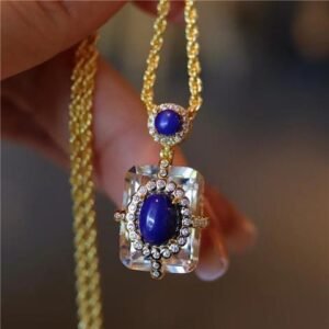 Handmade Natural White Crystal & Lapis Lazuli Square Pendant Necklace | S925 Sterling Silver with 18K Gold Plating, Vintage Luxury Statement Jewelry for Women