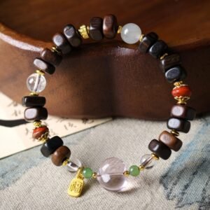 8mm Dalargan wood bracelet, gemstone accent jewelry, bohemian spiritual bracelet, gold "Fu" charm bracelet, handcrafted beaded jewelry, crystal agate jade combo, elastic-free knotting design, cultural symbolism accessory, ethical material sourcing, meditation prayer beads, daily mindfulness jewelry, natural aroma therapy, artisan crafted mala, versatile layering piece, eco-friendly materials, holistic wellness gift, Zen-inspired accessory, unique gift idea, positive energy jewelry, luxury bohemian style.Temple consecration, house blessing, feng shui remedies, house pacification ceremonies, monk blessings, protective amulets, peace talismans, safety and peace assurance, wealth-invoking ceremonies, wealth deity statues, wealth-gathering formations, consecrated pi xiu (mythical creature), prayers and blessings, making vows, cultivating merit, peace and safety, imbuing objects with spiritual energy, infusing positive energy through sutra recitation, blessings, chanting mantras and dharani, liberation of deceased spirits, rebirth in the Pure Land, accumulating merit, nurturing compassion, devotional repentance, eliminating karmic obstacles, Buddha, Dharma, Sangha, portable guardian objects, peace-ensuring talismans, warding off evil spirits, neutralizing negative energies, averting disasters, deflecting misfortunes, Taiji and Bagua symbols. Buddhas: Dipamkara Buddha, Shakyamuni Buddha, Maitreya Buddha, Amitabha Buddha, Medicine Buddha, Akshobhya Buddha, Ratnasambhava Buddha, Amoghasiddhi Buddha, Five Dhyani Buddhas, Prabhutaratna Buddha. Bodhisattvas: Avalokiteshvara Bodhisattva, Manjushri Bodhisattva, Samantabhadra Bodhisattva, Ksitigarbha Bodhisattva, Mahasthamaprapta Bodhisattva, Guanyin, Wenshu, Puxian, Dizang, Maitreya, Akashagarbha, Vajrapani, Sarvanivarana-Vishkambhin.