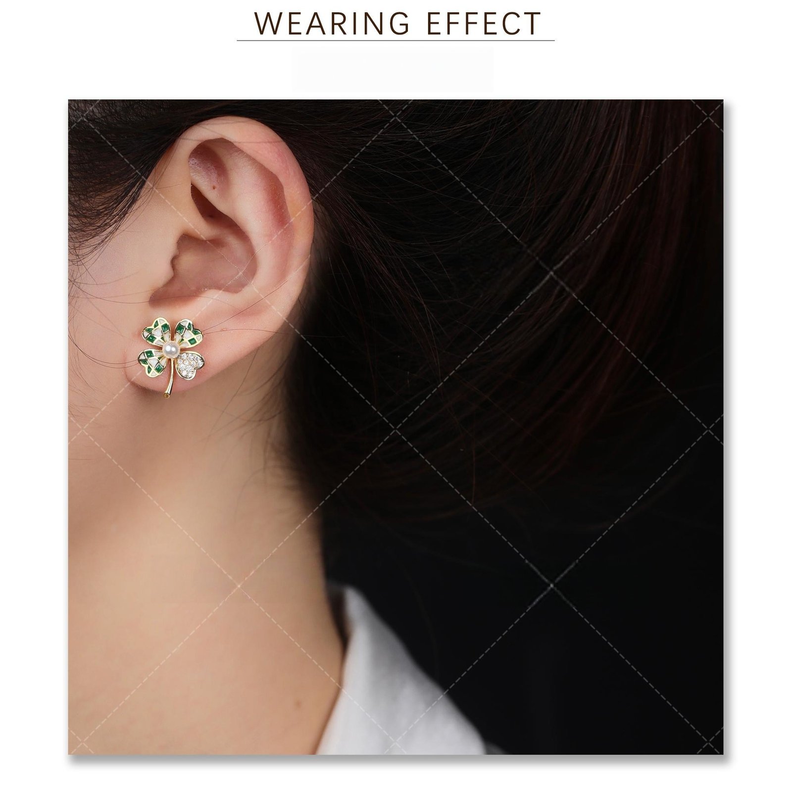 Copper alloy clover earrings, color-blocking stud earrings, spring gathering jewelry, four-leaf clover earrings, women's elegant earrings, pearl and crystal accents, hypoallergenic earrings, lucky charm accessories, lightweight stud earrings, seasonal fashion jewelry, gift for her, affordable luxury, nickel-free earrings, tarnish-resistant design, handmade elegance, symbolic jewelry, versatile daily wear, bohemian style earrings, sustainable materials, holistic wellness accessory.