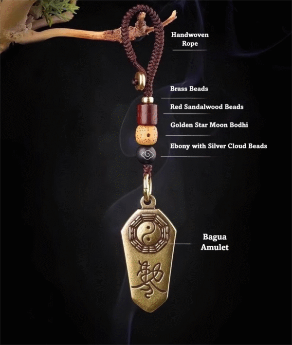 Taoist amulet, Five-Thunder Decree pendant, ward off evil amulet, prevent fright talisman, spiritual protection charm, Bagua symbol jewelry, handwoven rope pendant, natural beads talisman, red sandalwood beads, brass beads spiritual, ebony beads with silver cloud, golden star-moon bodhi, Taoist ritual tools, ancient Chinese talisman, negative energy protection, personal safety amulet, cosmic balance pendant, traditional Taoist craft, meditation protection gear, Feng Shui protection charm.