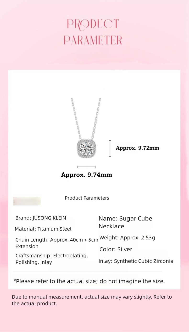 Titanium steel sugar cube necklace, JUSONG KLEIN jewelry, minimalist collarbone chain, cubic zirconia pendant, light luxury fashion necklace, women's minimalist jewelry, silver tone necklace, hypoallergenic necklace, tarnish-resistant accessory, affordable luxury jewelry, versatile daily wear necklace, niche design jewelry, elegant gift for her, modern minimalist style, sustainable materials, bohemian chic accessory, holistic wellness jewelry, cultural inspired design, artisan crafted, positive energy accessory.