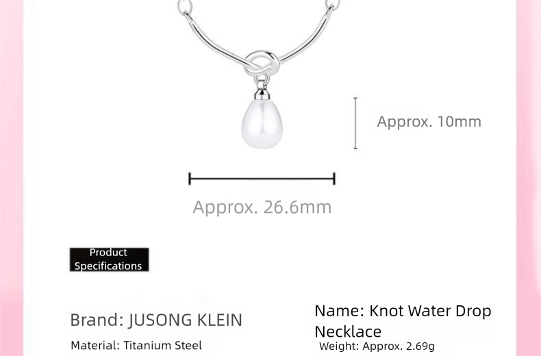 Titanium steel necklace, knot water drop necklace, women's delicate collarbone chain, light luxury jewelry, niche design necklace, JU5ONG KLEIN brand, hypoallergenic necklace, tarnish-resistant accessory, minimalist necklace, adjustable chain, lightweight jewelry, symbolic pendant, everyday elegance, gift for her, affordable luxury, sustainable materials, bohemian chic style, holistic wellness accessory, cultural inspired design, artisan crafted, positive energy jewelry.