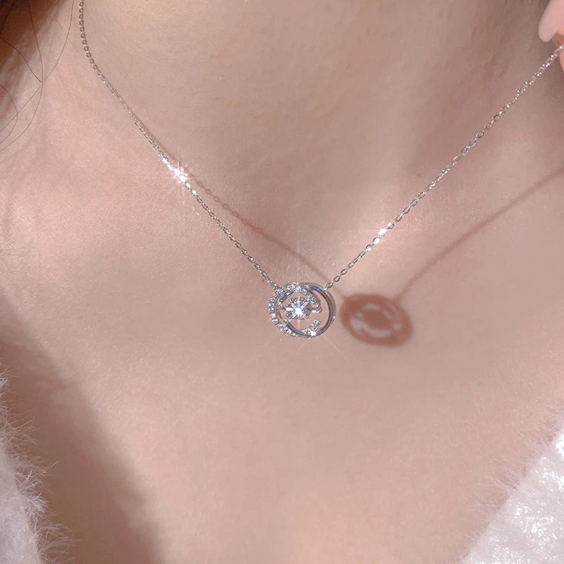 Titanium steel double C-circle necklace, JUSONG KLEIN jewelry, light luxury collarbone chain, cubic zirconia pendant, adjustable necklace for women, minimalist silver necklace, hypoallergenic jewelry, tarnish-resistant accessory, small-batch design, versatile daily wear, sparkling zirconia necklace, modern elegance, gift for her, sustainable materials, niche fashion jewelry, artisan crafted, positive energy accessory, cultural inspired design, holistic wellness jewelry, affordable luxury.2/2