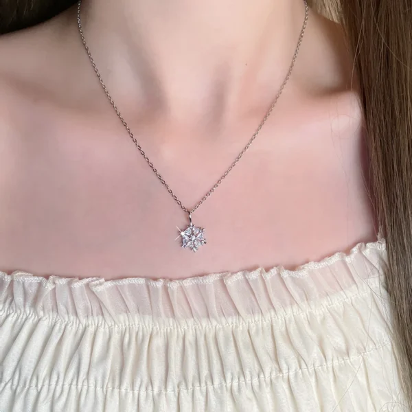 Winter snowflake necklace, titanium steel collarbone chain, cubic zirconia pendant, light luxury jewelry for women, hypoallergenic necklace, adjustable chain necklace, white gold electroplated jewelry, minimalist winter accessory, holiday gift idea, JUSONG KLEIN brand, sustainable fashion, artisan crafted, versatile daily wear, symbolic snowflake design, affordable luxury, elegant gift for her, modern minimalist style, seasonal jewelry, positive energy accessory, cultural inspired design.