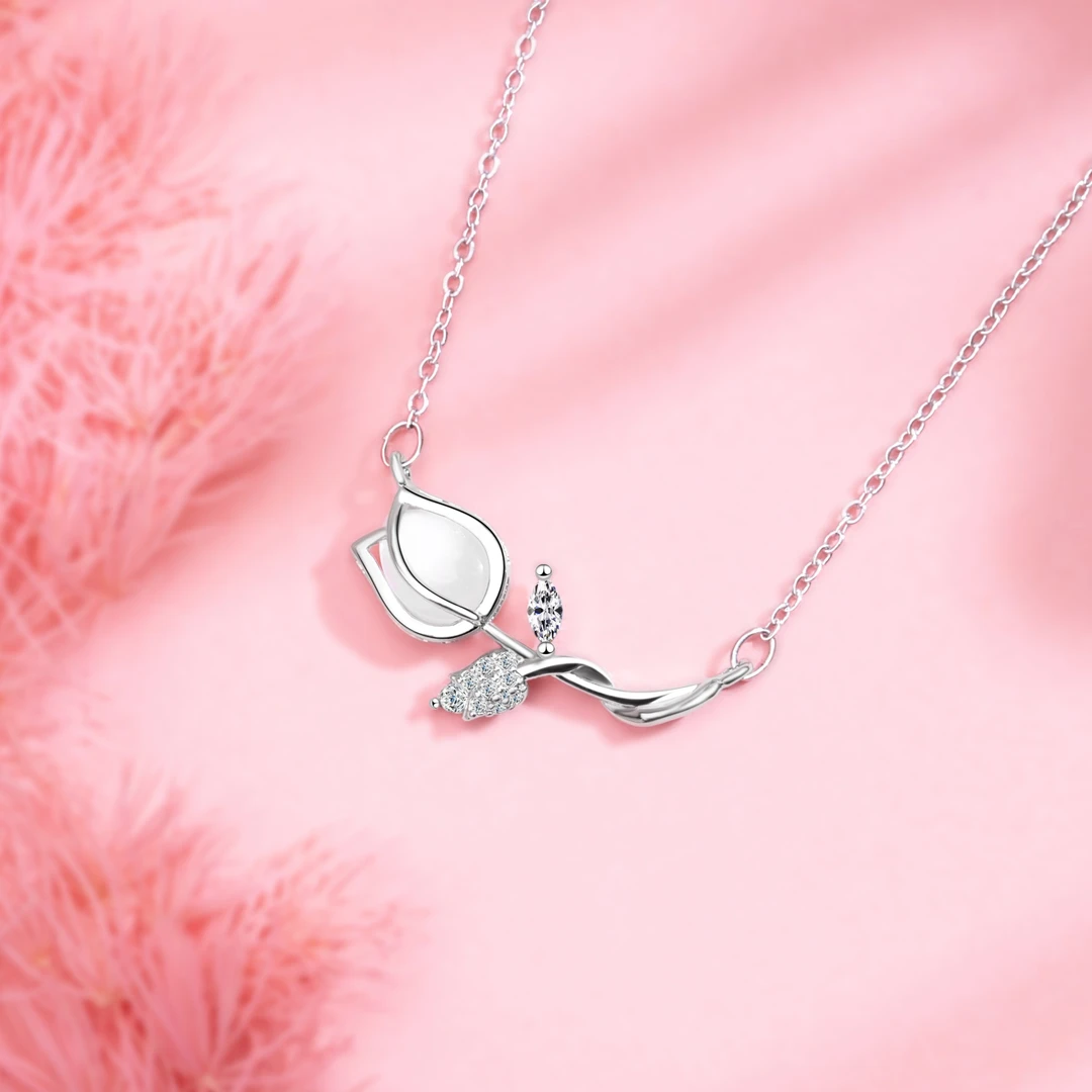 Titanium steel tulip necklace, women's floral collarbone chain, light luxury jewelry, sparkling accent pendant, hypoallergenic necklace, adjustable chain necklace, 2.5cm floral pendant, elegant gift for her, versatile daily necklace, nature-inspired jewelry, affordable luxury accessory, minimalist floral design, sustainable materials, bohemian chic style, holistic wellness accessory, cultural inspired design, artisan crafted, positive energy jewelry, unique niche jewelry, modern femininity.