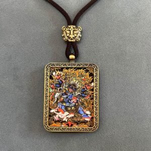 Tibetan Thangka necklace, copper-alloy amulet, Mahakala pendant, Five Path Wealth God jewelry, ritually blessed necklace, Tibetan Buddhist protection amulet, handcrafted spiritual jewelry, prosperity necklace, traditional Thangka art, Dharma protector pendant, energy harmonizing jewelry, sacred art pendant, meditation accessory, cultural gift idea, wealth attraction amulet, ancient blessing necklace, portable altar necklace, spiritual wellness jewelry, unique Tibetan craft, minimalist spiritual wear.