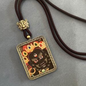 Tibetan Thangka necklace, copper-alloy amulet, Mahakala pendant, Five Path Wealth God jewelry, ritually blessed necklace, Tibetan Buddhist protection amulet, handcrafted spiritual jewelry, prosperity necklace, traditional Thangka art, Dharma protector pendant, energy harmonizing jewelry, sacred art pendant, meditation accessory, cultural gift idea, wealth attraction amulet, ancient blessing necklace, portable altar necklace, spiritual wellness jewelry, unique Tibetan craft, minimalist spiritual wear.