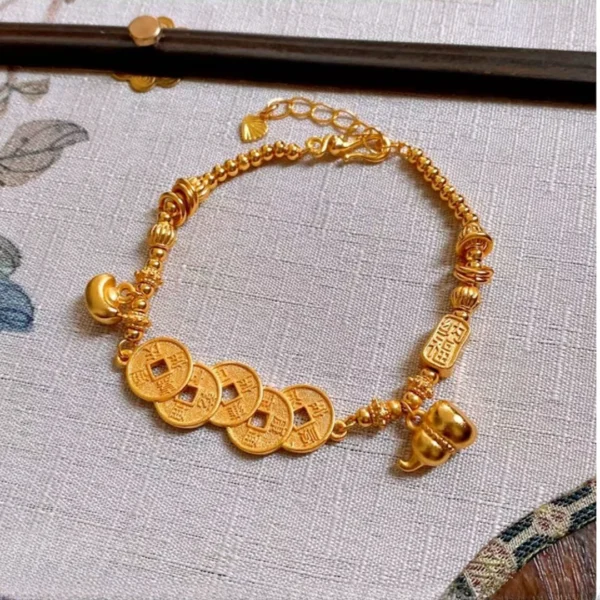 Copper alloy five-emperor coins bracelet, new Chinese style gourd jewelry, adjustable 18+5cm chain, fade-proof cultural bracelet, JIN BAI ZHENG brand, hypoallergenic women's accessory, symbolic gift idea, versatile daily wear, sustainable materials, affordable luxury, artisan crafted, positive energy accessory, modern feminine style, special occasion gift, holistic wellness jewelry, cultural inspired design, elegant packaging.