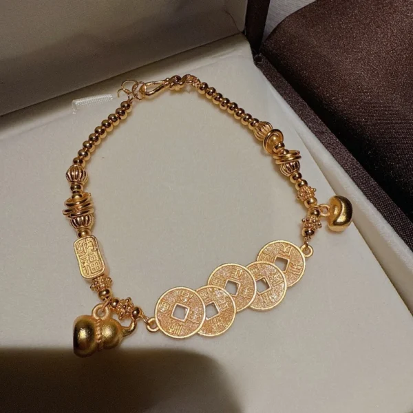 Copper alloy five-emperor coins bracelet, new Chinese style gourd jewelry, adjustable 18+5cm chain, fade-proof cultural bracelet, JIN BAI ZHENG brand, hypoallergenic women's accessory, symbolic gift idea, versatile daily wear, sustainable materials, affordable luxury, artisan crafted, positive energy accessory, modern feminine style, special occasion gift, holistic wellness jewelry, cultural inspired design, elegant packaging.