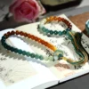 Gradient Color Bodhi Bracelet with Multi-Color Barrel Beads on Book with Calligraphy