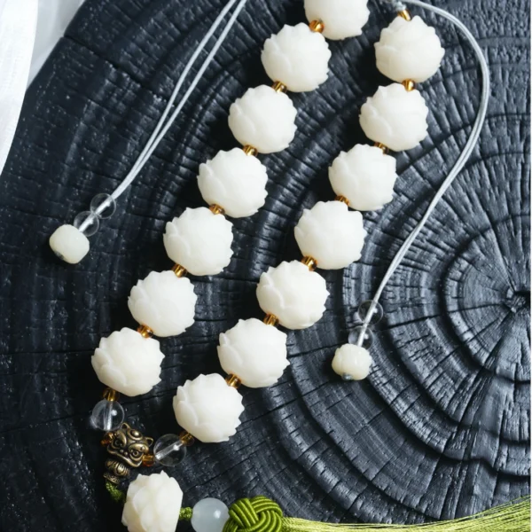 Complete Lotus Mala with Gold Accents and Green Tassel
