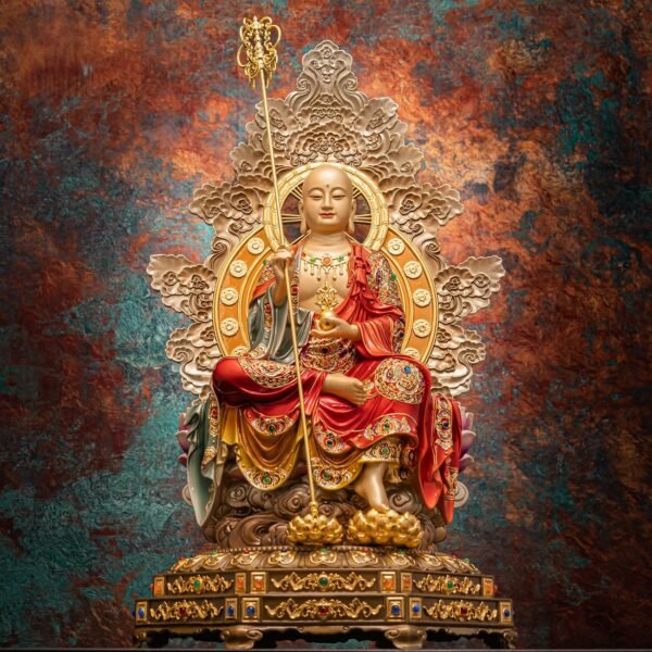 Ksitigarbha Bodhisattva statue, brass gold-plated Buddhist sculpture, octagonal base altar statue, Dizang Wang Buddha statue, Mount Jiuhua inspired art, home temple decoration, Buddhist devotion statue, gold-plated brass altar piece, sacred Buddhist gifts, meditation altar statue, compassionate bodhisattva sculpture, wish-fulfilling jewel statue, khakkhara staff icon, Buddhist pilgrimage art, enlightenment symbolism, handcrafted Buddhist statue, anti-tarnish gold plating, spiritual decor, Asian religious art, traditional Buddhist craftsmanship.