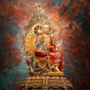 Ksitigarbha Bodhisattva statue, brass gold-plated Buddhist sculpture, octagonal base altar statue, Dizang Wang Buddha statue, Mount Jiuhua inspired art, home temple decoration, Buddhist devotion statue, gold-plated brass altar piece, sacred Buddhist gifts, meditation altar statue, compassionate bodhisattva sculpture, wish-fulfilling jewel statue, khakkhara staff icon, Buddhist pilgrimage art, enlightenment symbolism, handcrafted Buddhist statue, anti-tarnish gold plating, spiritual decor, Asian religious art, traditional Buddhist craftsmanship.