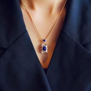 Natural lapis lazuli pendant, white crystal square necklace, S925 silver gold plated jewelry, handmade vintage necklace, luxury statement jewelry, hypoallergenic silver necklace, adjustable chain design, royal blue gemstone pendant, artisan crafted jewelry, versatile daily wear necklace, ethical sourcing, bohemian chic accessory, holistic wellness jewelry, cultural inspired elegance, affordable luxury, unique gift for her, modern classic style, special occasion jewelry, sustainable materials, timeless elegance.