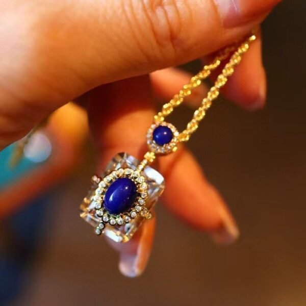 Natural lapis lazuli pendant, white crystal square necklace, S925 silver gold plated jewelry, handmade vintage necklace, luxury statement jewelry, hypoallergenic silver necklace, adjustable chain design, royal blue gemstone pendant, artisan crafted jewelry, versatile daily wear necklace, ethical sourcing, bohemian chic accessory, holistic wellness jewelry, cultural inspired elegance, affordable luxury, unique gift for her, modern classic style, special occasion jewelry, sustainable materials, timeless elegance.