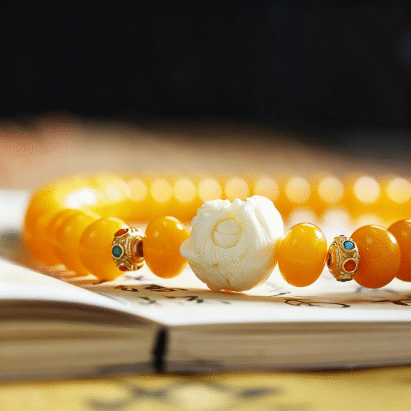 Close-up of Yellow Bodhi Beads with Carved Details and Gemstones