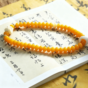 Traditional Yellow Bodhi Bracelet with Buddhist Symbols on Calligraphy