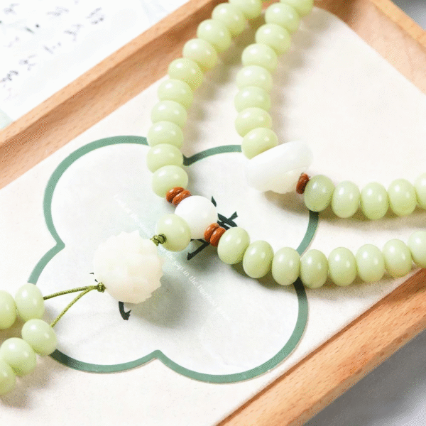 Celadon Bodhi Lotus Mala on Wooden Tray with Chinese Decoration