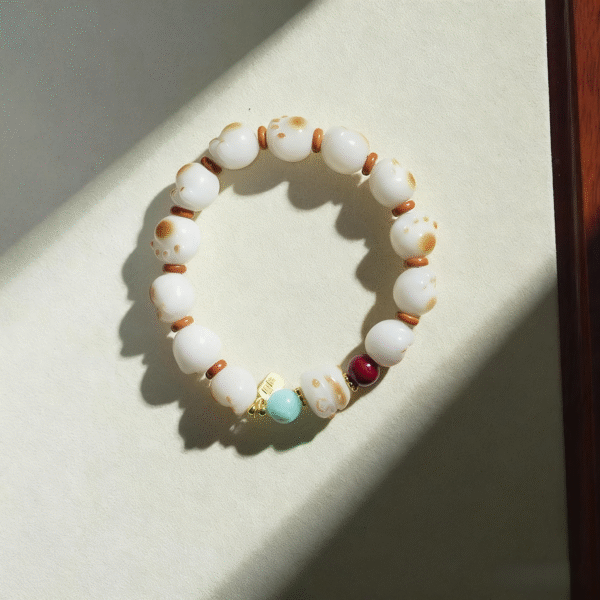 White Jade Bodhi Bracelet with Cat Paw Charm and Colorful Accent Beads