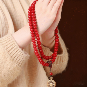 Two Hands Holding 108-Bead Red Bodhi Prosperity Mala