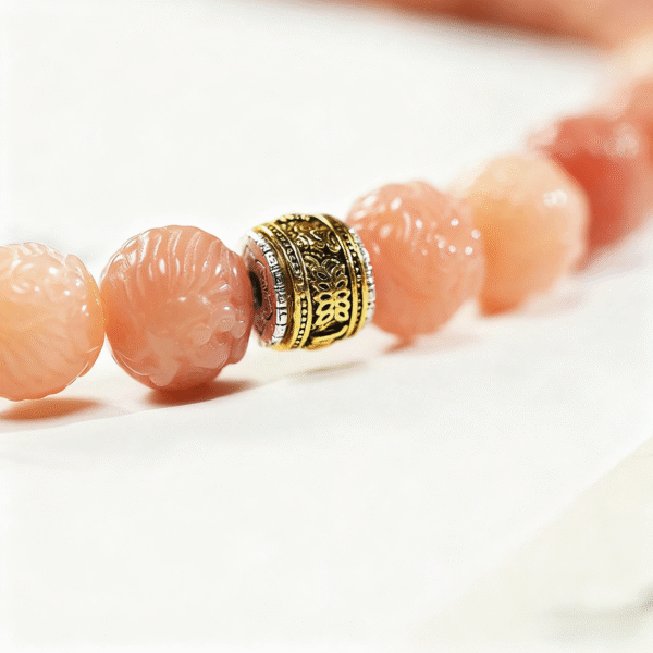 Close-up of Pink Bodhi Beads with Ornate Metal Details