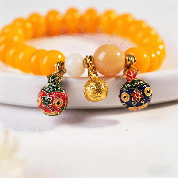 Yellow Abacus Bodhi Bracelet on White Fabric with Decorative Flower