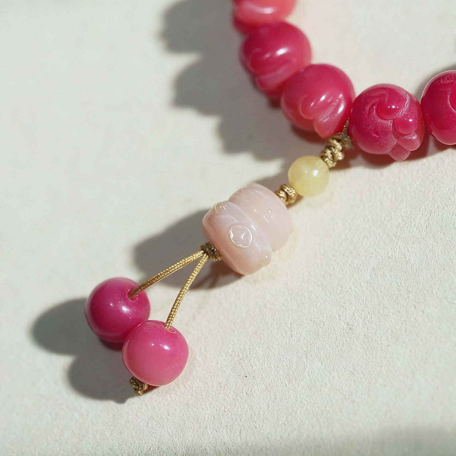 Close-up of Detailed Cat Paw Charm on Pink Bodhi Bracelet