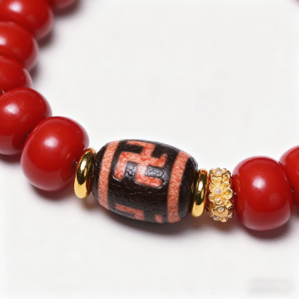 Close-up of Red Bodhi Beads with Swastika Pattern and Pearl Accents