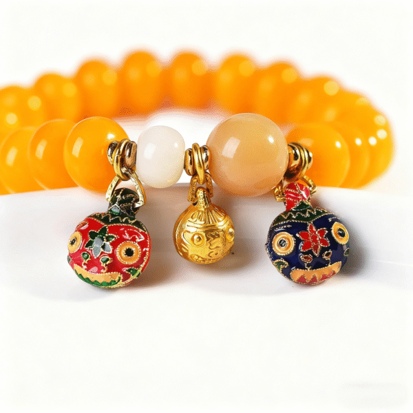 Detailed View of Yellow Bodhi Bracelet with Colorful Beads on White Plate