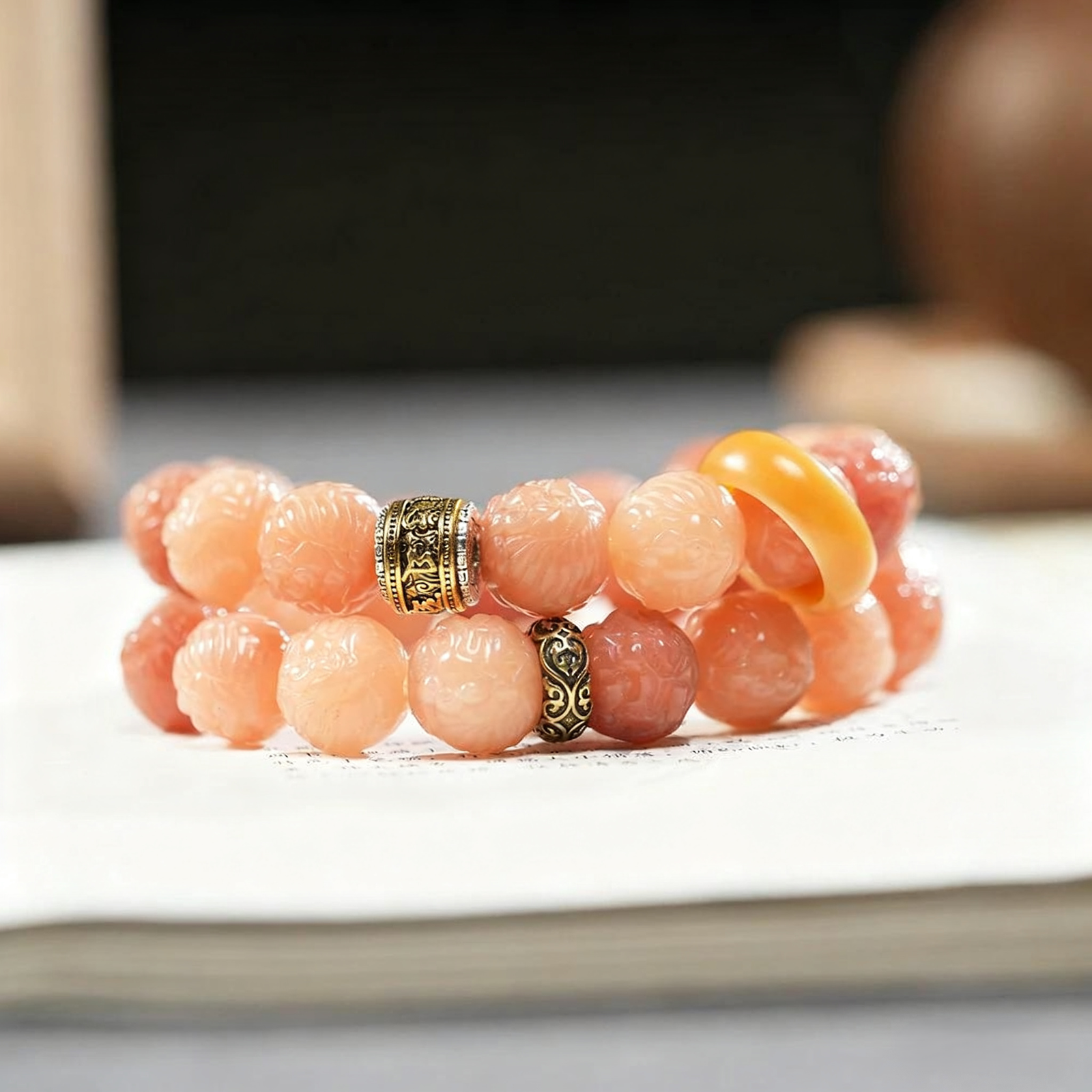 Pink Double Strand Bodhi Meditation Bracelet Flat Lay