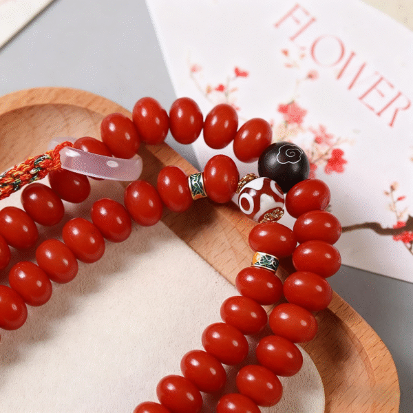 Red Bodhi Mala with Tara on Cultural Cards and Wooden Tray