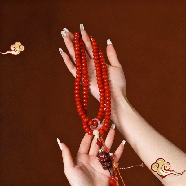 Hand Holding Red Bodhi Mala with Tara Charm and Decorative Beads