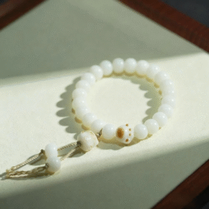 Natural White Bodhi Bracelet with Cat Charms and Bead Details